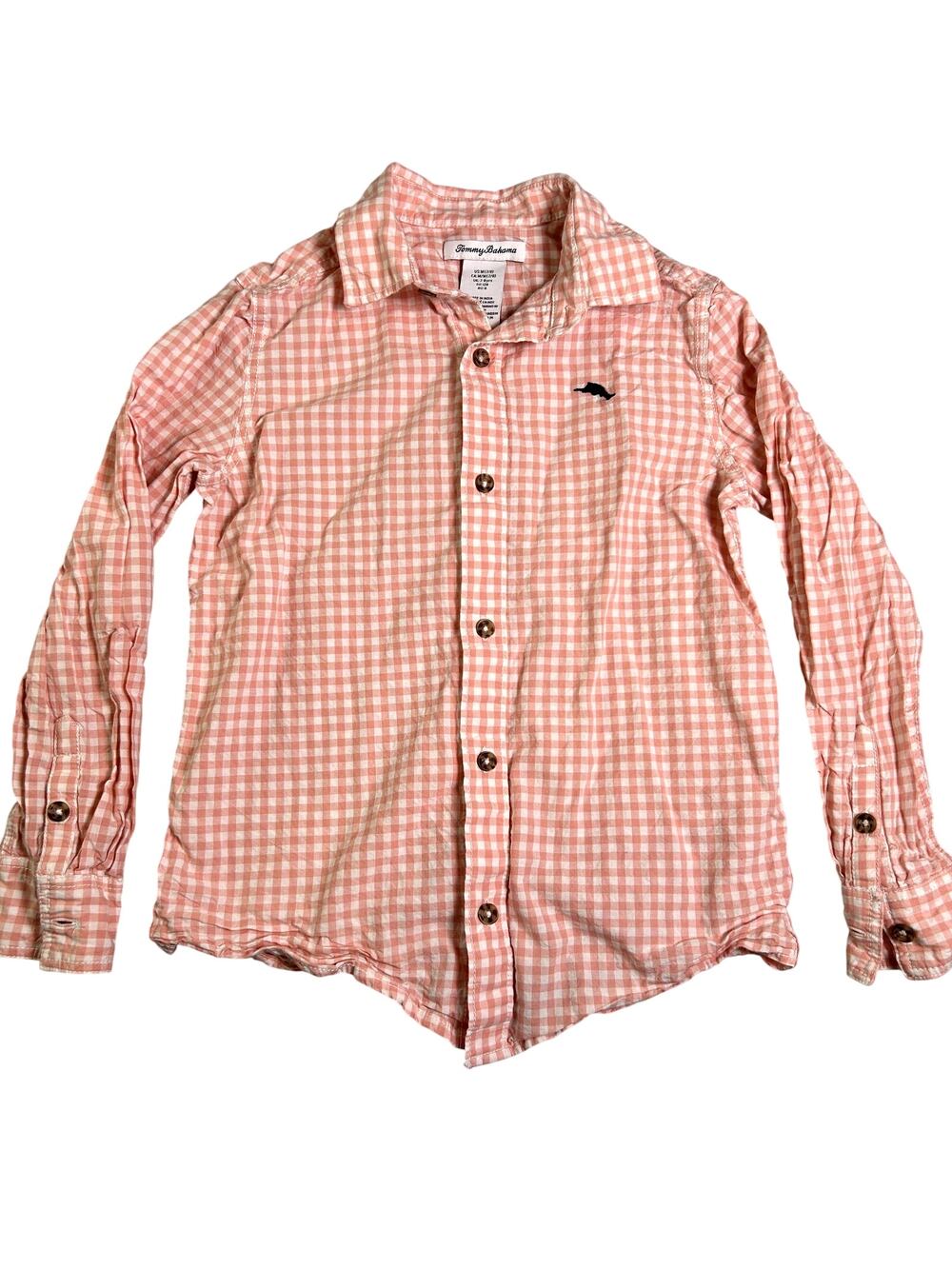 Tommy Bahama Button Up Shirt Boys M 7/8 Pink White Plaid Occasion Wedding Photos